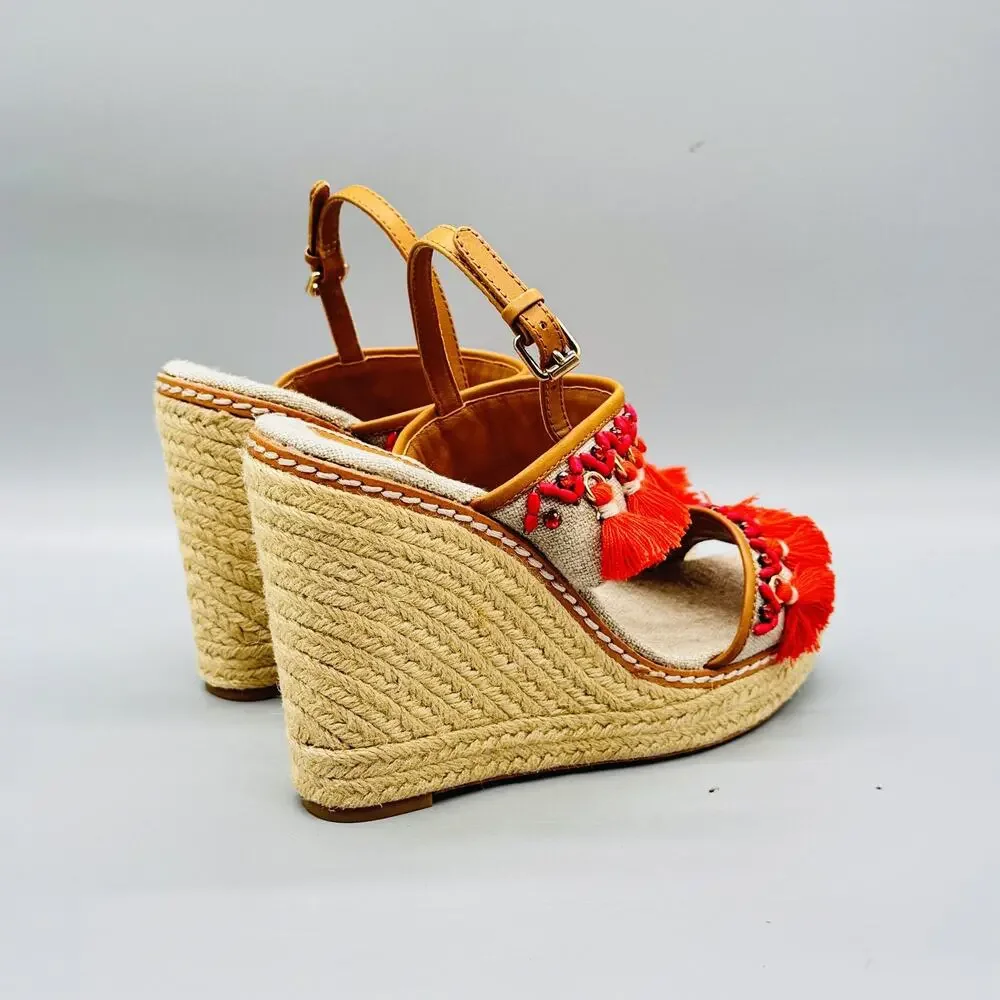Tory Burch Sandals Womens 7.5 Beige Linen Espadrille Platform Wedge Tassel Shoes - Picture 7 of 11